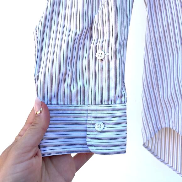 Polo Ralph Lauren Postboy Grandad Collar Oversized Button Down Brown Stripes M - Picture 6 of 8